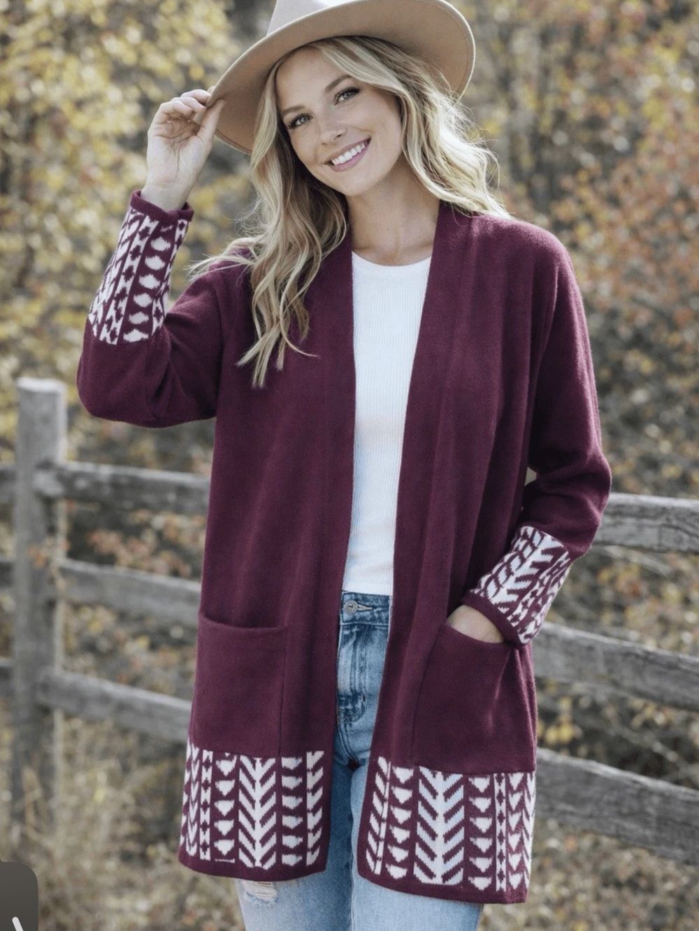 FRYE Burgundy Open-Front Cardigan with Cream Patterned Trim Size XL NWT